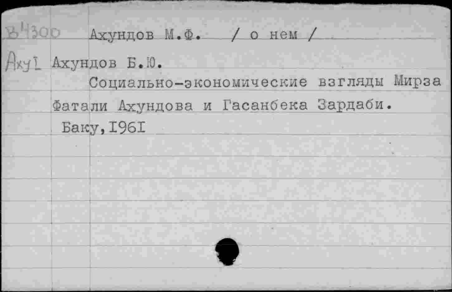 ﻿,£> !	2__Ауундпв М.Ф. __/ о нем / _______
Деу! Ахундов Б.Ю.
Социально-экономические взгляды Мирза Фатали Ахундова и Гасанбека Зардаби.
Баку, 1961	________